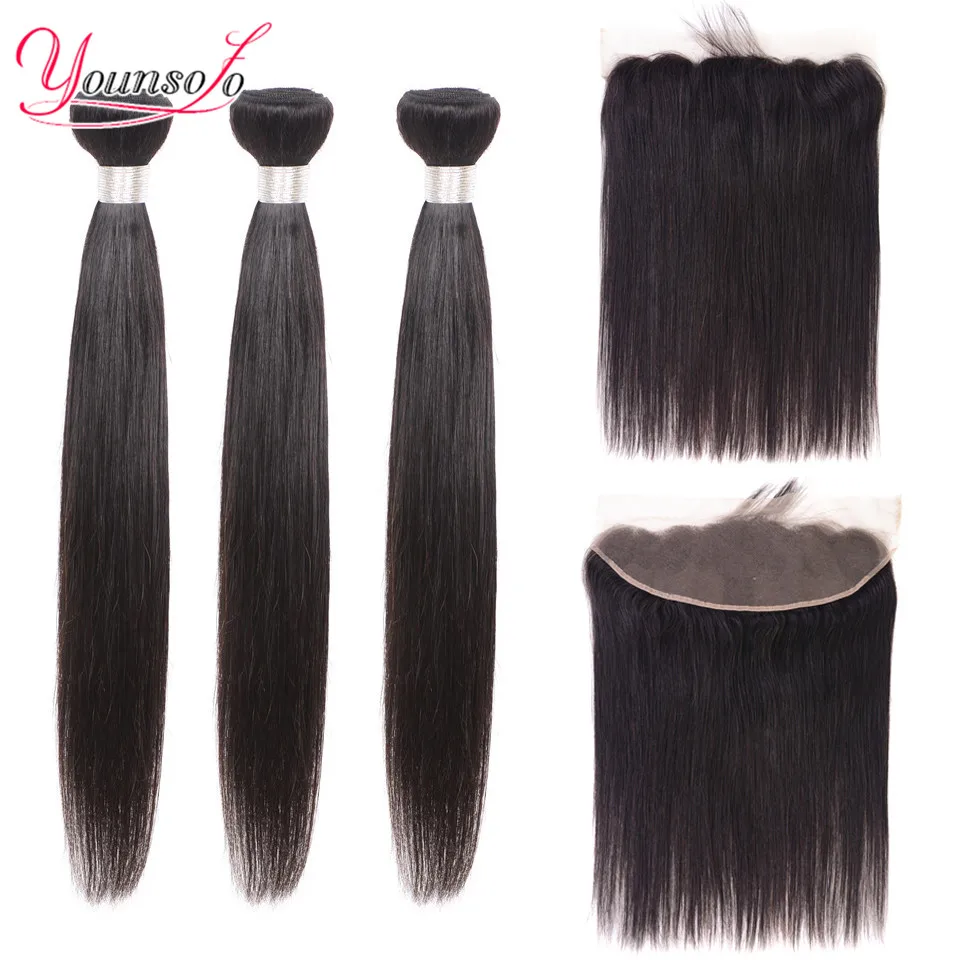 

Younsolo Lace Frontal Closure with Bundles Straight Human Hair Bundles with Lace Closure Remy Hair 3 Bundles With Frontal
