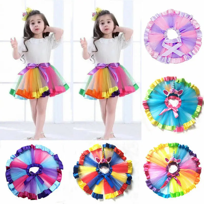 

New Kid Baby Girls Rainbow Tutu Skirt Unicorn Headband 2Pcs Photo Prop Costume Outfits Party Shows Perform Skirts 1-8T