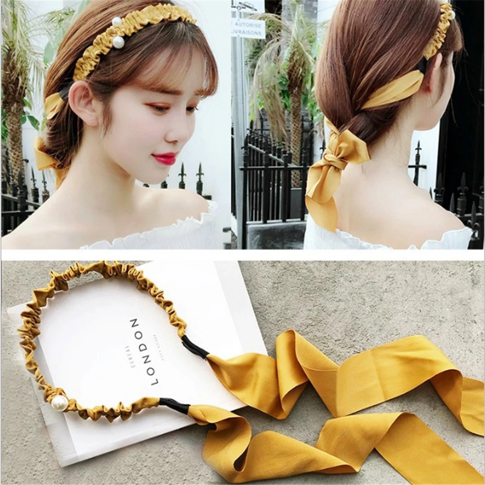 

1Pcs Korea Simple Bow Headband Hairband For Women Solid Color Pearl Retro Streamers Ribbon Headwear Girls Hair Accessories