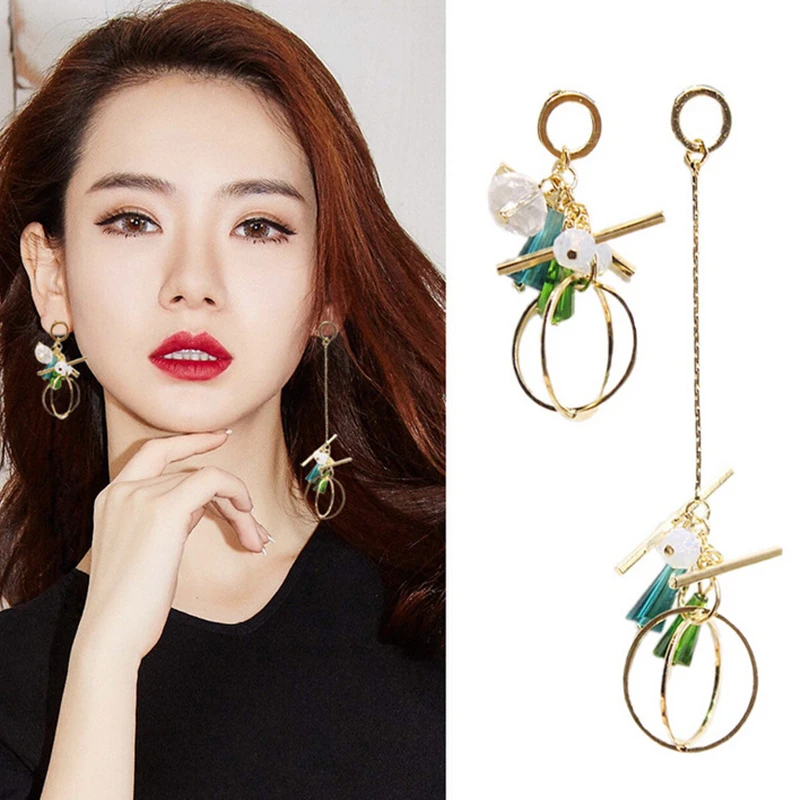 

2019 Korea Asymmetrical Long Tassel Gold Geometric Circle Drop Earrings Unique Luxury Colorful Crystal Dangle Earrings for Women