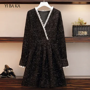 

L-4XL Plus Size Women Vintage shiny fashion pleated Dress autumn 2020 long sleeve v neck patchwork mini dresses vestido
