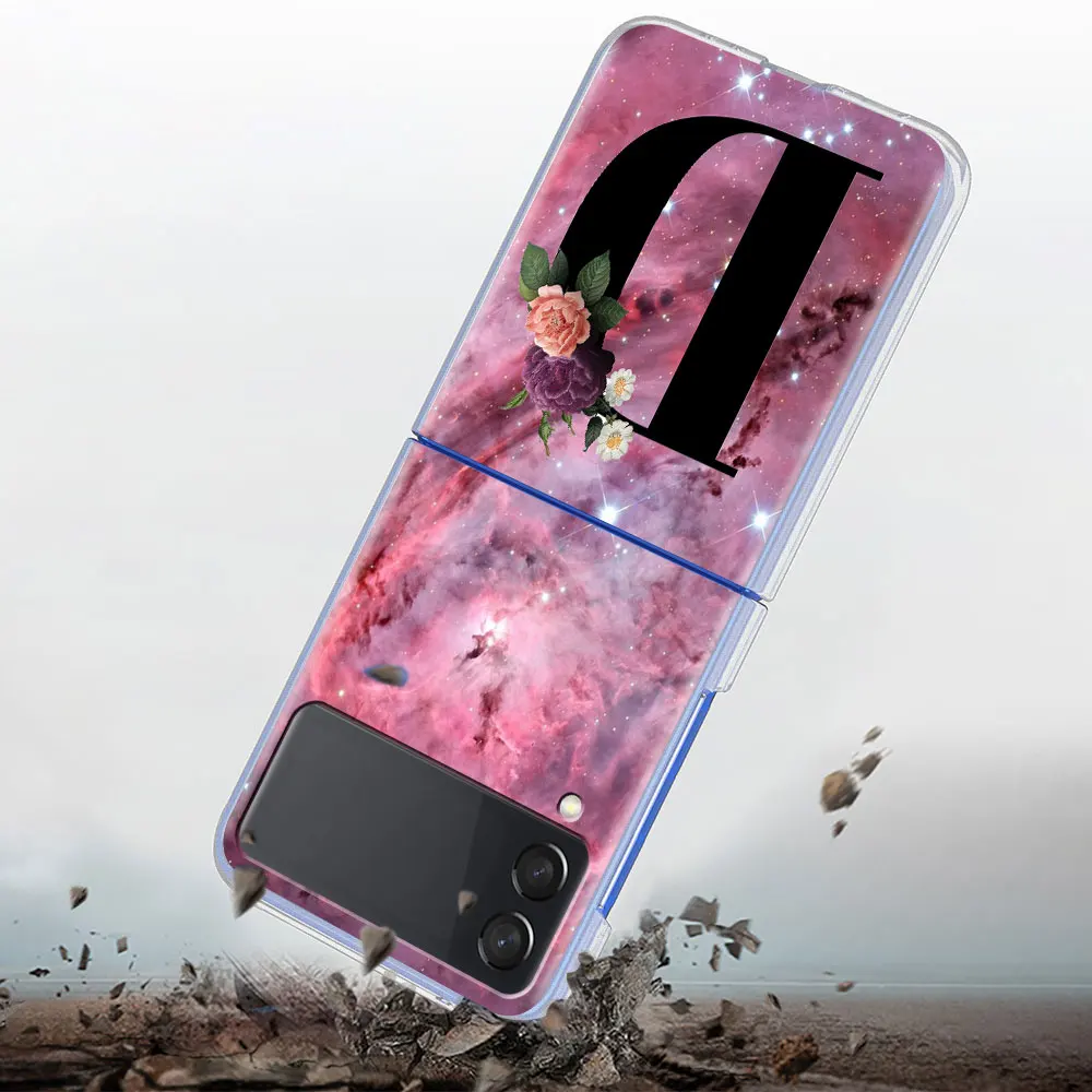Letter A B Flowers Pink Case For Samsung Galaxy Z Flip 3 5G Transparent Hard Cell Phone Cover ZFlip3 Clear PC Luxury Fundas