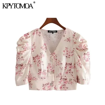

KPYTOMOA Women 2020 Fashion Floral Print Buttons Cropped Blouses Vintage V Neck Puff Sleeve Female Shirts Blusas Chic Tops