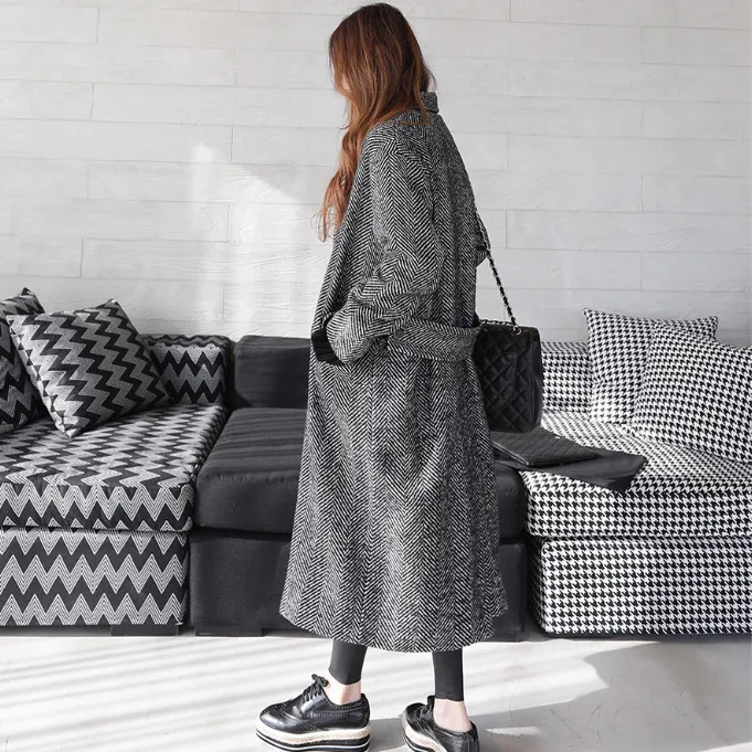 

Spring And Autumn New Style over-the-Knee Long Herringbone Woolen Jacket Women's Korean-style Double Breasted Loose And Plus-siz