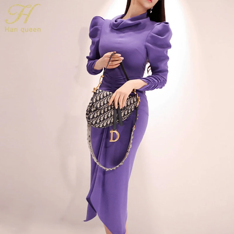 H Han queen Drawstring с пышными рукавами оболочка женские обтягивающие платья осенние однотонные тонкие платья водолазка Рабочая одежда Vestidos
