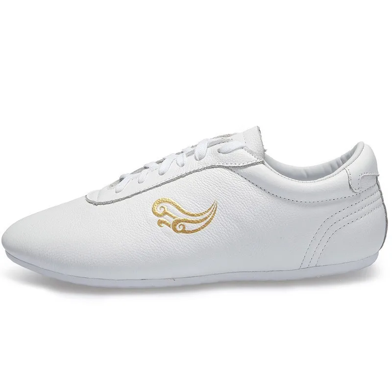 Профессиональная мужская и женская обувь Tai Chi; обувь на плоской подошве со шнуровкой; обувь для боевых искусств из натуральной кожи; кроссовки для бега; кроссовки ушу размера плюс - Цвет: white golden
