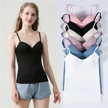 

2020 Padded Bra Tank Top Women Spaghetti Solid Camis Tops Casual Summer Vest Female Camisole With Built In Bra Fitness Clothing