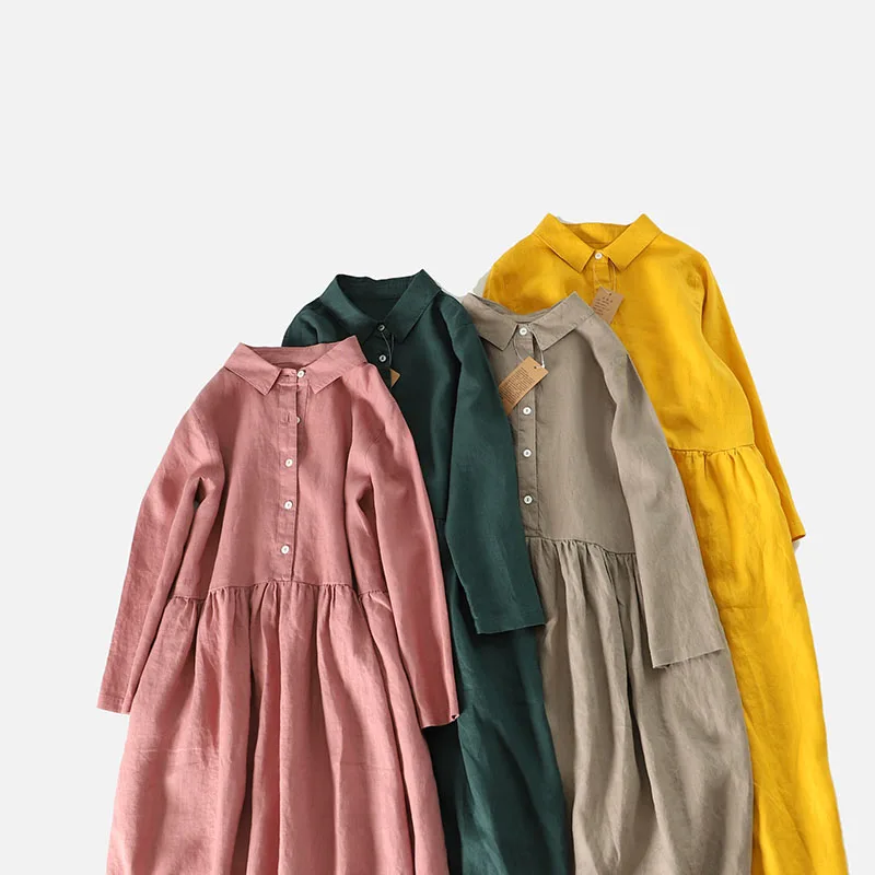 

Spring Autumn New Arrivals Women Loose Japanese Style Mori Girl Soft Comfortable Water Washed 14*14 Linen Shirt Dresses 4 Colors