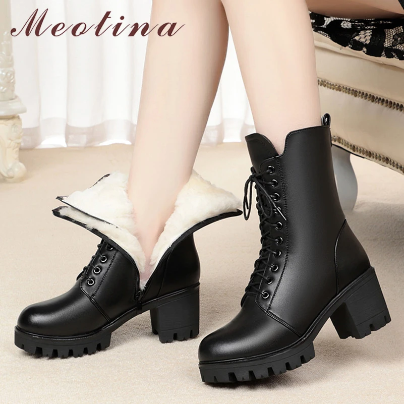 

Meotina Real Wool Fur Mid Calf Boots Women Shoes Genuine Leather Platform Thick Heels Boots Lace Up Zip High Heel Lady Boots 43