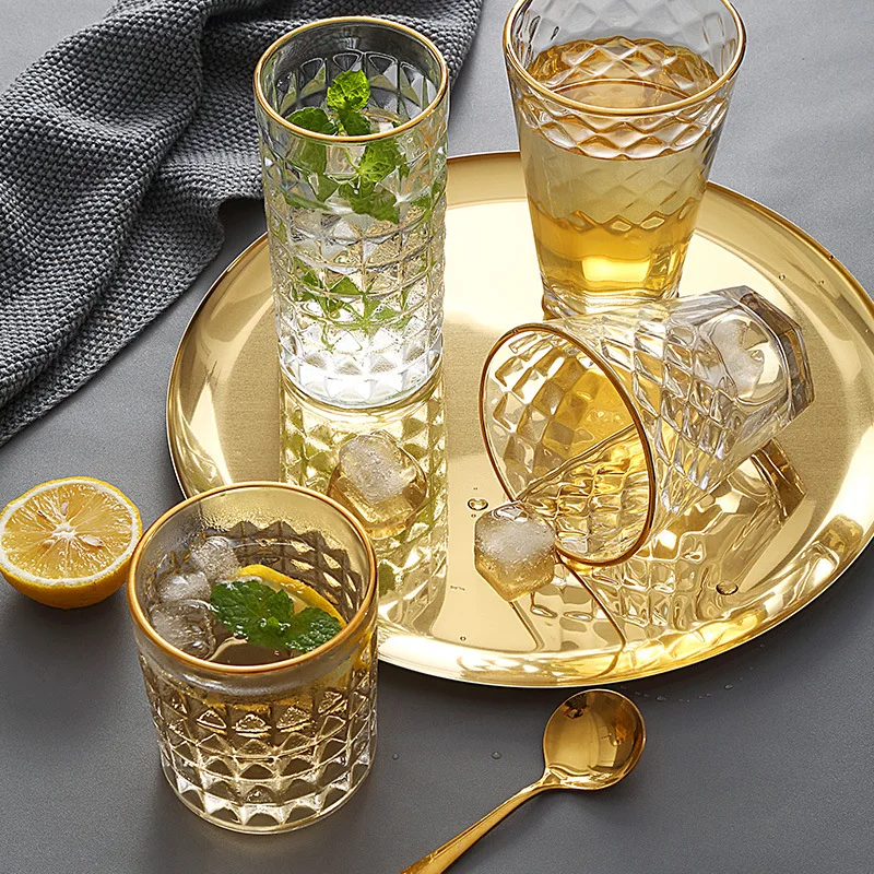 Хрустальное тисненое стекло для вина прозрачная Золотая оправа стеклянная чашка для виски домашний офис бар пивная молочная сока кофейная кружка стакан для питья es