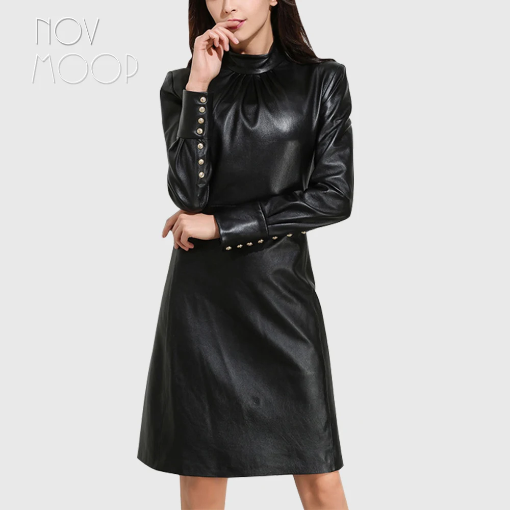 Novmoop, уличное, женское, черное, а-образное, длинный рукав, skeepkin, натуральная кожа, платье с пуговицами, Декор, халат en cuir Vestido LT2891