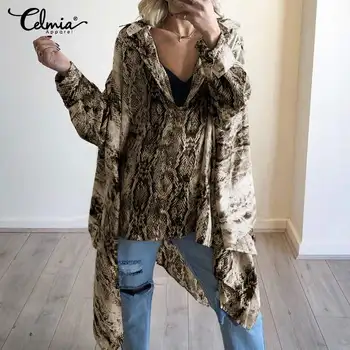 

Clemia Women Vintage Snakeskin Print Irregular Hem Long Sleeve Blouse Sexy Deep V-Neck Top Shirt Casual Loose Party Blusas S-5XL