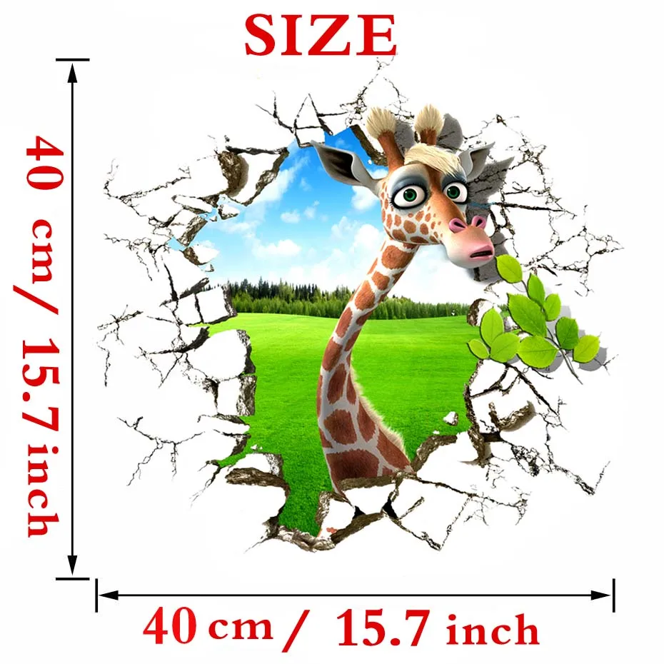 Wild Animal Giraffe Elephant Break the Wall 3D Sticker 3D Effect Decals for Kids Children Nursery Baby Room Living Room Sofa background Decoration Home Art Vinyls Mural Creative Removable Self-adhesive Wallpaper Gift (1)