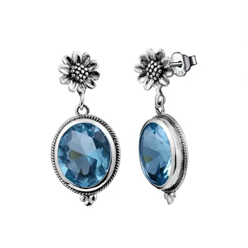 

100% Real S925 Sterling Silver Earings Vintage Blue Aquamarine Flower Mirror Drop Earings Silver 925 Luxury Jewelry For Women