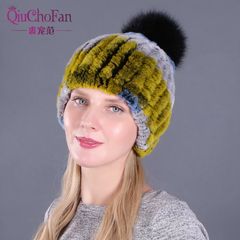 

Winter Russian Natural Rex Rabbit Fur Hat Women Elasitc Warm Soft Handmade Knitted Real Fur Caps Fox Fur Pompoms Beanies Hats