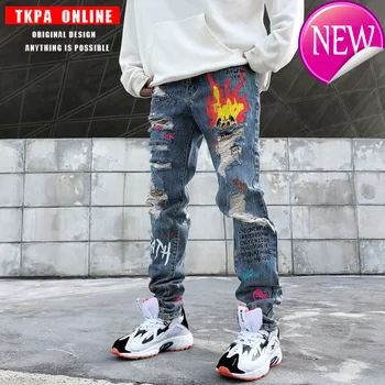 

Skinny Jeans New Men Streetwear Destroyed Ripped Jeans Homme Hip Hop Broken Graffiti Print Pencil Biker Denim Pants Hole