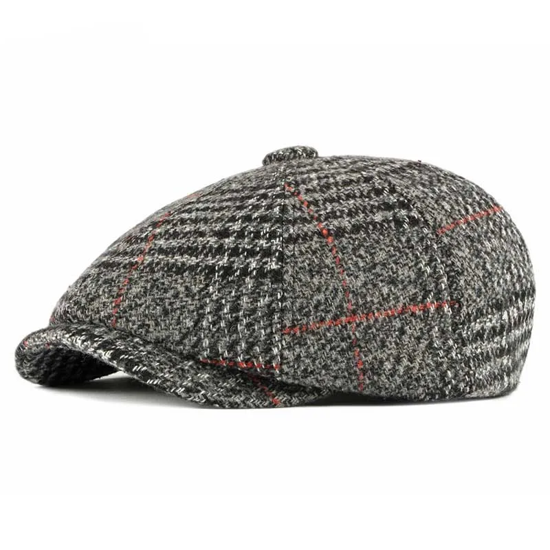 Fibonacci Autumn Winter Wool Beret Men Dad Hat Brand Quality Plaid flatcap vintage newsboy cap - Цвет: Серый
