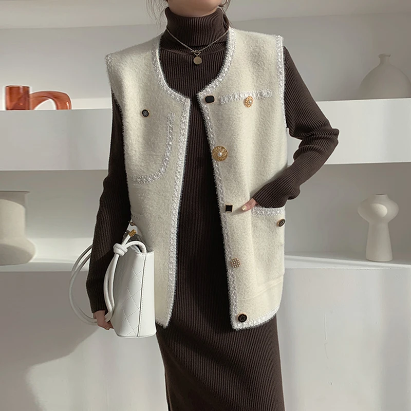 

Women Vest Knitted Cardigan Sweater Autumn Winter New Arrival Korean Loose Sleeveless Knitwear Retro Waistcoat Female Tops