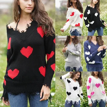 

2019 Casual Heart Shape Print Sweater Winter Womens Off The Shoulder Sweater trui Casual Knitted Loose Long Sleeve Pullover #C10