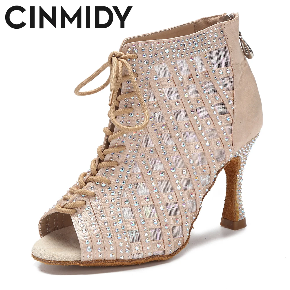 CINMIDY White Latin Dance Boots Samba Salsa Ballroom Dance Shoe Woman Soft Sole Latin Dance Shoe Ladies Mesh High Heel Boots 9CM 2