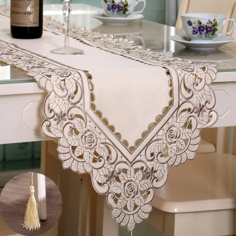 Table Runner Embroidered Floral Lace Fabric Translucent Gauze European