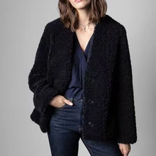 Women Single Breasted Coats Faux Fur Loose V-Neck Solid Color Long Sleeve Female Simple Jacket Overcoats 2021 Autumn Winter New