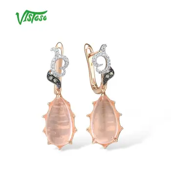 

VISTOSO Gold Earrings For Women Pure 14K 585 Rose Gold Sparkling Diamond Pink Quartz Sweet Romantic Drop Earrings Fine Jewelry