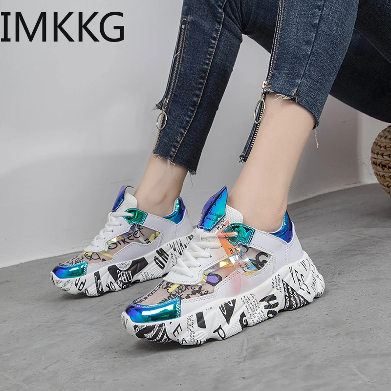 

2019 Female Thick Bottom Sneakers Mixed Colors Round Toe Platform Shoes Women Flats Casual Shoes Ladies Running Shoes Y10315