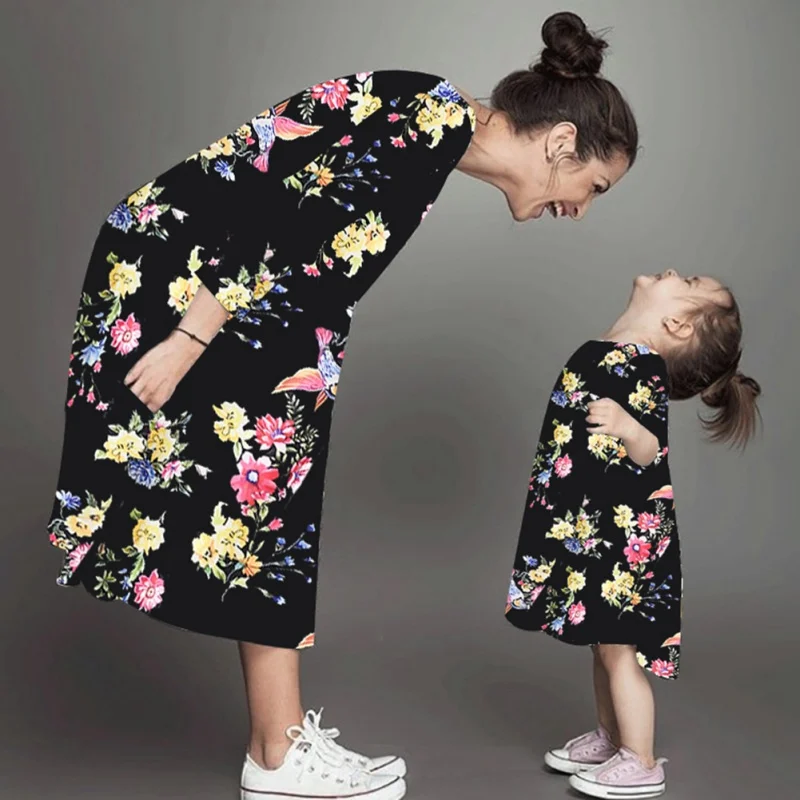 

Baby Girl Dress Floral Print Long Sleeve Mother Kids Family Matching Outfits Casual Dress