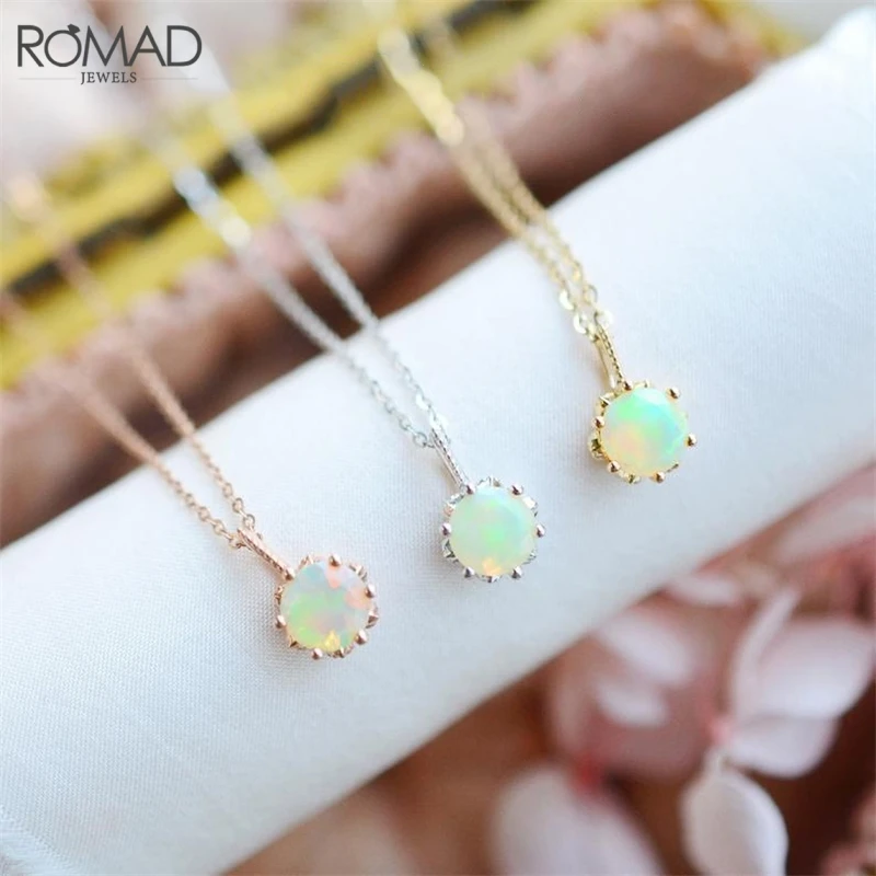 

ROMAD Fire Opal Necklace Women Delicate Natural Stone Necklace Silver/Gold Color Collar Chain Round Pendant Necklace Jewelry R5