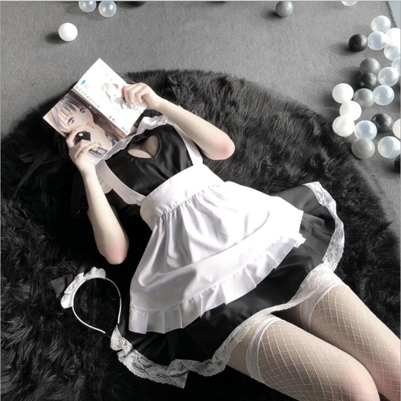 Lovely Maid Dress Anime Black White Apron Dress Girl Lolita Heart Hollowed Dresses Cafe Cosplay Costume Горничная Mucama