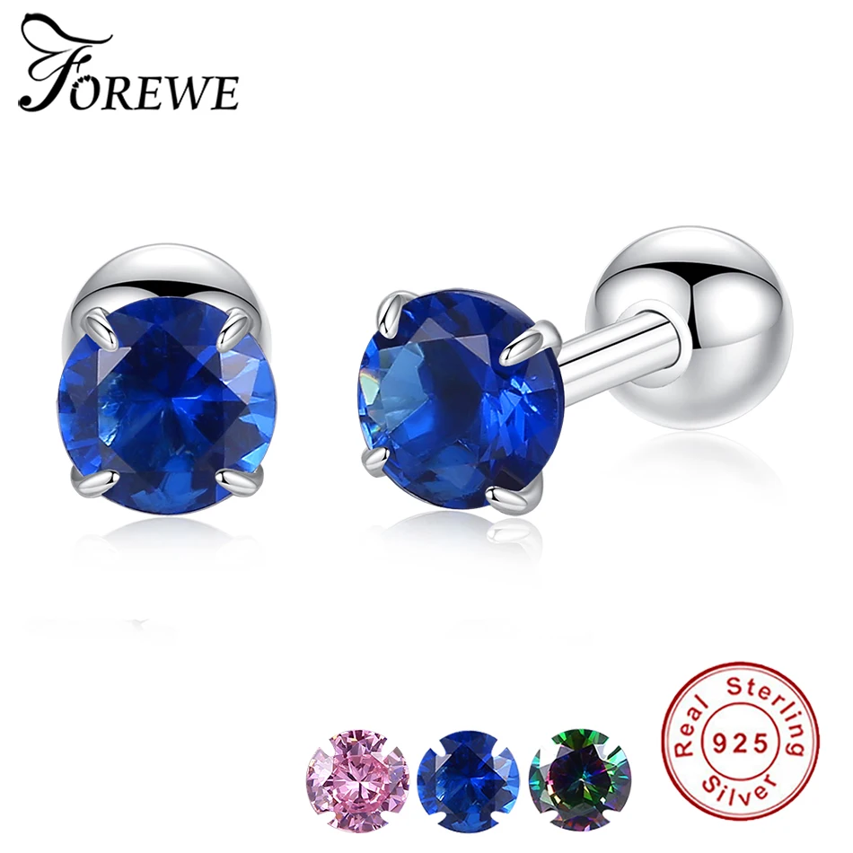 Аутентичные 925 пробы серебряные круглые серьги-гвоздики с синим кристаллом циркония роскошные серьги для женщин модные ювелирные изделия Рождественский подарок