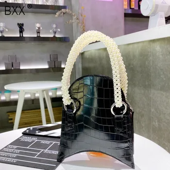 

[BXX] Vintage Crocodile Pattern Pearls Handle Handbags For Women 2020 Autumn Winter Small Female Chic Beach Travel Bag HO126