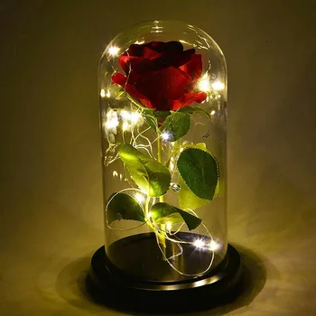 

Beauty and the Best Artificial Dried Rose Flower LED Light Decor In Glass Dome Valentines Day Birthday Wedding Anniversary Gifts