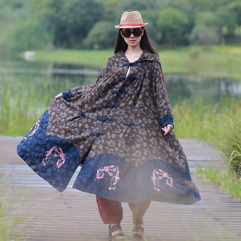 

2019 New Style Autumn WOMEN'S Coat Double Layer Long Sleeve Chinese Style Embroidered Frog Loose-Fit Ethnic-Style Long Trench Co