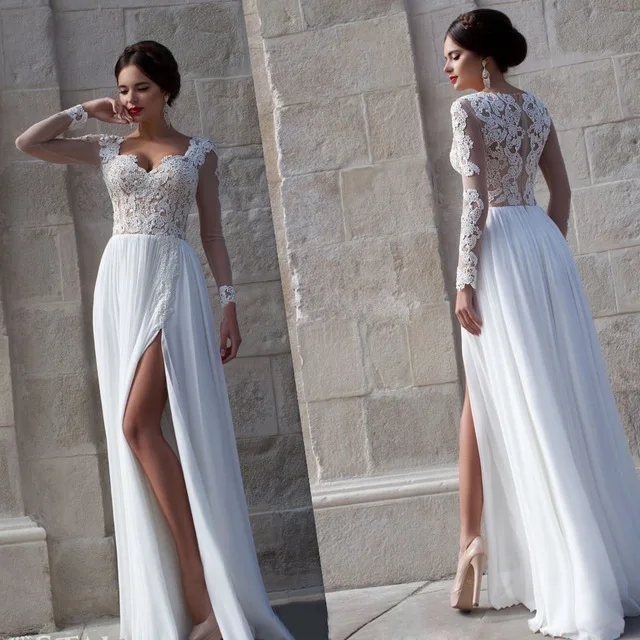 

Simple 2018 vestido de noiva Long Sleeve Chiffon lace appliques Split Side A Line Bridal party Gown mother of the bride dresses