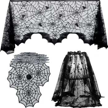 

3 Pcs Halloween Decorations Set Includes Lamp Shades Cover Fireplace Scarf Cover Spiderweb Lace Tablecloth for Party Supplies