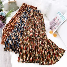 AcFirst весенние кофейные синие женские юбки с высокой талией, плиссированные юбки до середины икры, шифоновая одежда размера плюс с принтом листьев