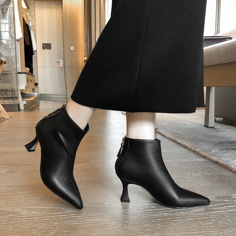 

2020 Genuine Leather Boots Women Ankle Boots High Heel Real Leather Boots Pointed Toe Stiletto Heels Shoes Autumn Black 34-40