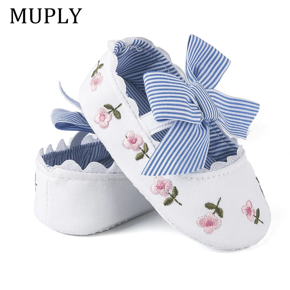 2025 Floral Embroidery Baby Shoes For Newborn Baby Girl Striped Bow First Walker Soft Soles Cute Toddler Anti-Slip Princess Shoe 4