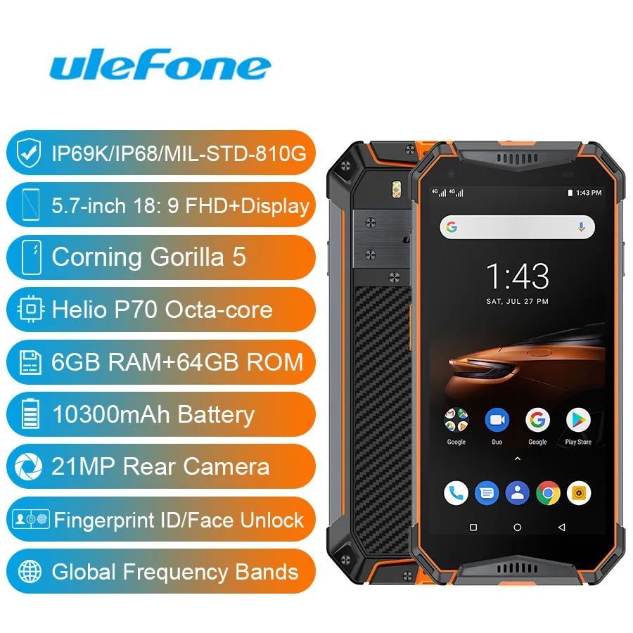 Ulefone Armor 3W 5," FHD+ Android 9,0 Helio P70 Octa Core 6 ГБ 64 Гб Смартфон 21 МП 10300 мАч 4G OTG NFC мобильный телефон