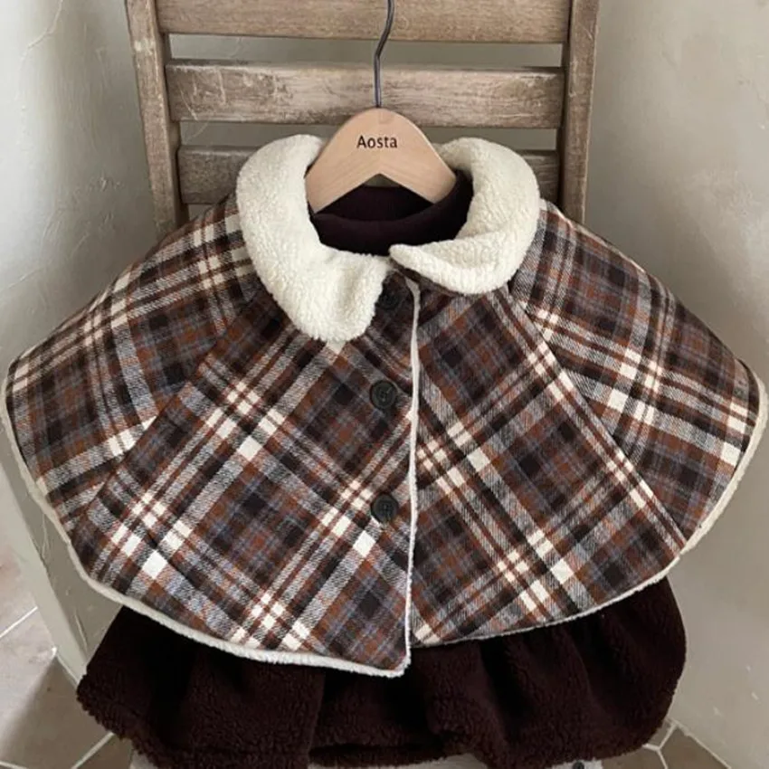 

Kids autumn winter retro plaid cloak velvet baby boys girls fur collar cute warm shawl outwear