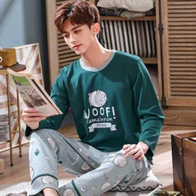 Men's Pajamas set  autumn cotton long-sleeved Female cartoon thin Sleepwear spring plus size two-piece suit trousers and top