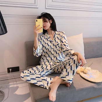 

New Long-Sleeved Pajamas Women's Silk Ins Hipster Leisure Set Two-Piece Home Pajamas Confinement Clothing sleepwear pyjamas