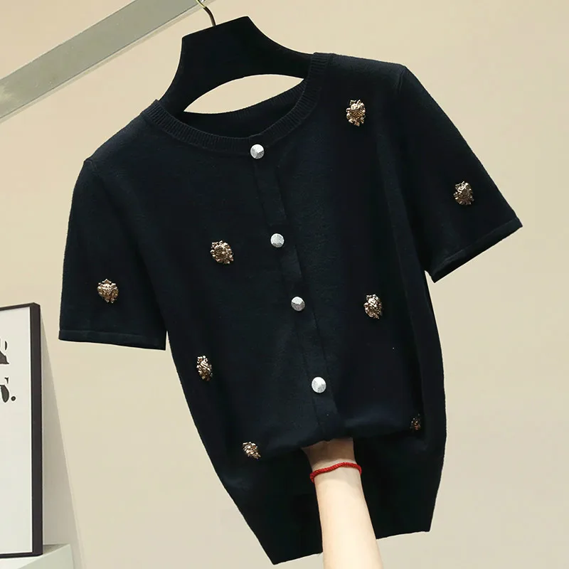 

Black Knitted T-shirt Women Single-Breasted Slim Short Sleeve Ice Silk Knit Shirt Women's Black Tops Cropped T Shirts Pull Femme