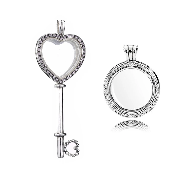 

New 925 Sterling Silver Sparkling Locket Medium Sapphire Fit pandora Necklace Floating Locket Heart Key Necklace DIY Jewelry