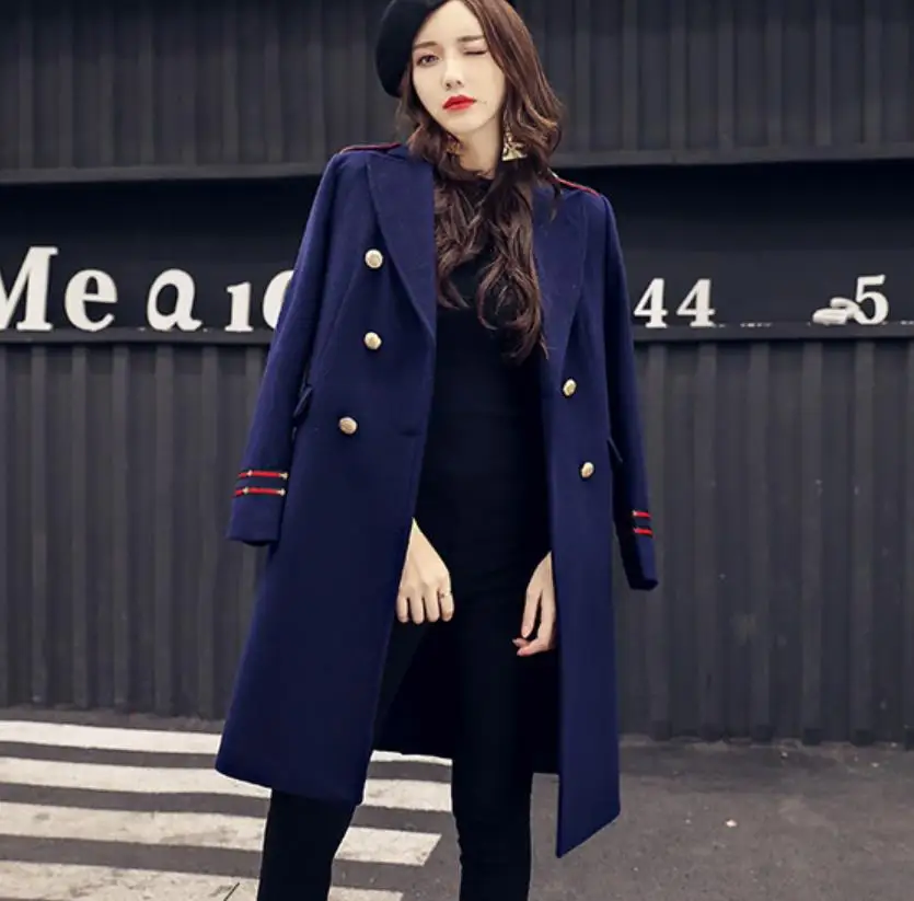 Зимнее модное металлическое двубортное утепленное пальто в стиле милитари из смесовой шерсти - Цвет: dark blue