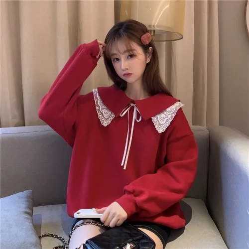 Красный Толстовки размера плюс, Kawaii, для девушек, весна, осень, зима, воротник Питер Пэн, Ulzzang, толстовки, женские свободные милые пуловеры, большие размеры - Цвет: Красный