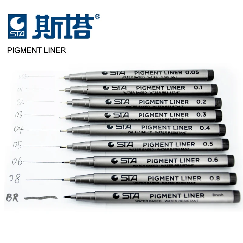 

STA 9Pcs/Set Pigma Micron Needle pen Waterproof Fade Proof brush Tip Fine Liner Black Sketch Water Manga Drawing Marker Pen