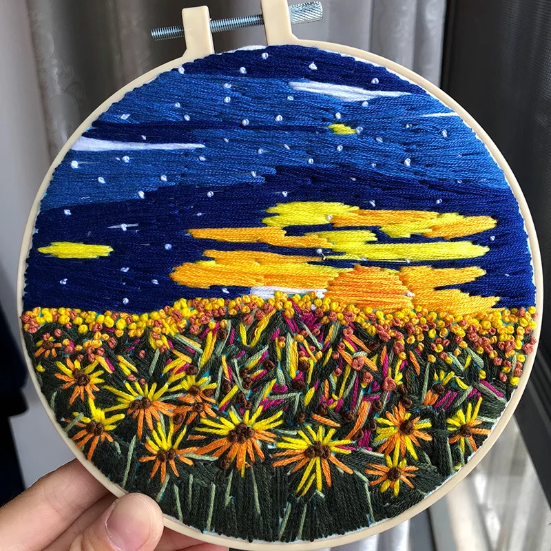 1Pcs DIY Embroidery Kits 3D Flower Landscape Embroidery Stitching with Hoop Art Needlework Modern Adults Craft Sewing